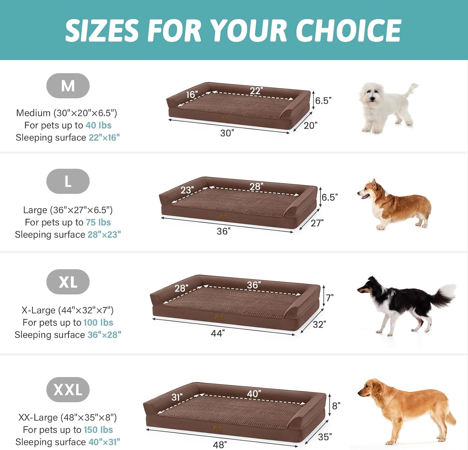 COZY KISS Orthopedic Large Dog Beds, Bolster Pet Couch with Waterproof Lining, Egg Crate Foam Sofa for Pets Up to 65 lbs, U-Shaped, 36x27x6.5 inch, Brown